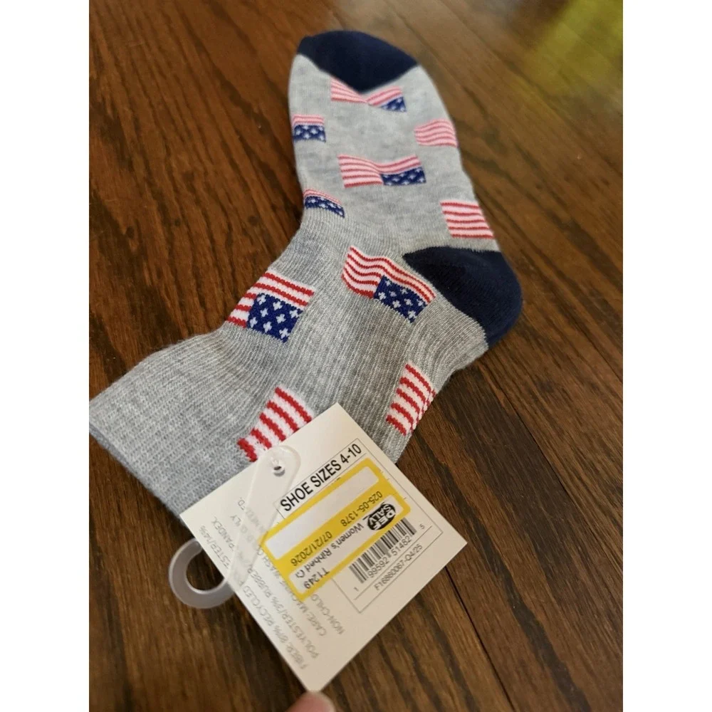 Women's Ribbed Cushion Gray American Flag Mid Crew Socks Size 4-10 NWT